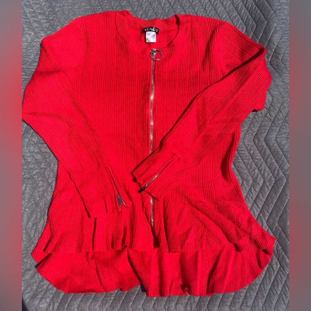 Red Peplum Sweater with Zipper